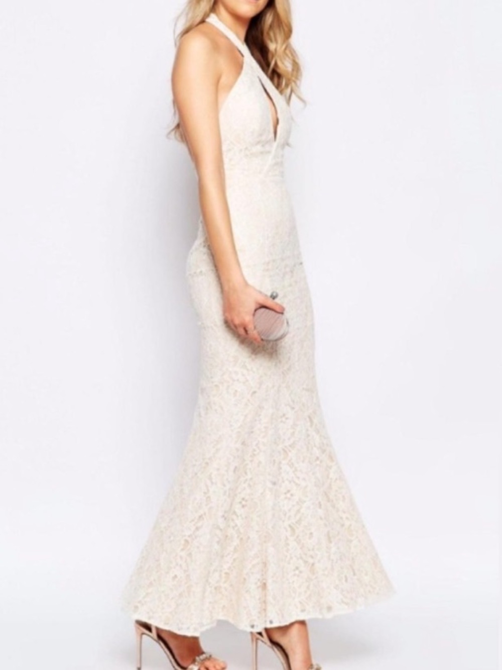 Jarlo Priscilla Maxi Dress Cream White Lace Halter Neck Sleeveless Gown 2 Petite - Picture 9 of 16